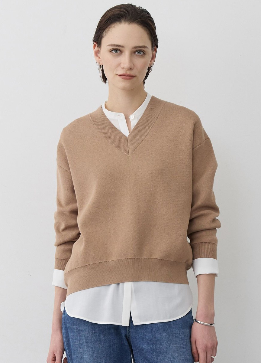 混棉V領拼色針織上衣